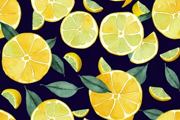 Wall Mural - seamless watercolor pattern with lemons and baroque ornament, blue mediterranean pattern, yellow lem