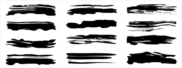 Wall Mural - Vector collection of artistic grungy black paint hand made creative brush stroke set isolated on banner background. A group of abstract grunge sketches for design education or graphic art decoration
