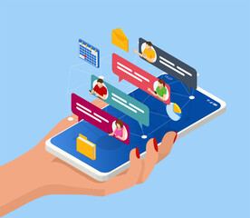 Wall Mural - isometric social media network concept. social media marketing or smm, digital market research.