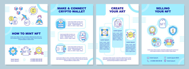 NFT minting blue brochure template. Sell digital art. Leaflet design with linear icons. Editable 4 vector layouts for presentation, annual reports. Arial-Black, Myriad Pro-Regular fonts used