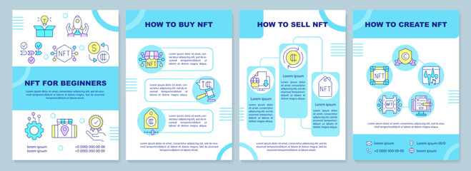 NFT for beginners blue brochure template. Crypto art business. Leaflet design with linear icons. Editable 4 vector layouts for presentation, annual reports. Arial-Black, Myriad Pro-Regular fonts used