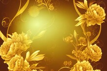 Luxury Gold Floral Oriental Style Background 2d Illustrated. Flower Wallpaper Design With Peony Flower, Sun And Crane. Japanese, Chinese Oriental Line Art With Golden Texture. 2d Illustrated