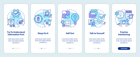Wall Mural - simple memory tricks onboarding mobile app screen. learning new walkthrough 5 steps editable graphic