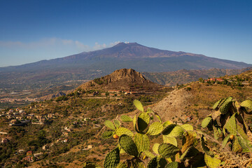 View of the Etna volcano from which smoke is coming out. In the foreground, prickly pear cacti. Sunny cloudless morning