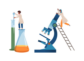 Wall Mural - Man and Woman Scientist Character with Huge Flask and Microscope Conducting Scientific Research Vector Illustration Set