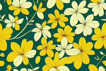 Wall Mural - Seamless pattern of hand drawn bright yellow flowers with green leaves in Japanese graphic style.