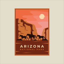 Cowboy On Horse Minimalist Vintage Poster Illustration Template Graphic Design. Arizona National Park With Mountains And Desert Concept For Travel Or Tourism Business