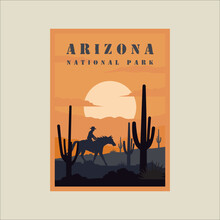 Arizona National Park Minimalist Vintage Poster Illustration Template Graphic Design.cowboy And Horse At Desert Cactus At Landscape Sunset View For Business Travel
