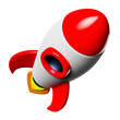 Red and white cartoon rocket going up and towards the viewer. 3d rendering