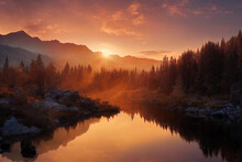 Beautiful Sunset River, Mountains And Forest Landscape