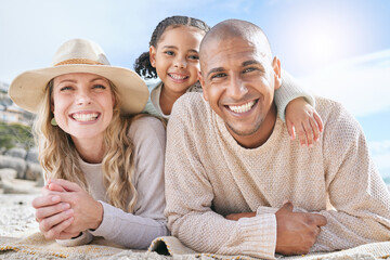 Wall Mural - Diversity, happy family and travel vacation relax together bonding on beach. Portrait of mother, father and child happiness smile, calm and outdoor summer sunshine on ocean sand holiday lifestyle