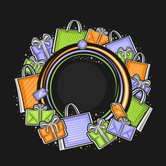 Wall Mural - Vector frame for Black Friday sale with blank copyspace for advertising text, decorative circle sign board with illustration of variety paper bags, gift boxes for black friday sale on dark background