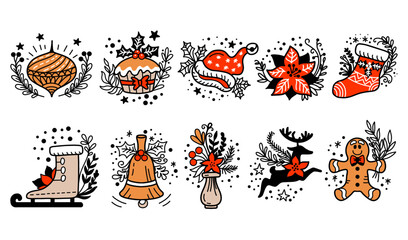 Wall Mural - Set of flat line art christmas icons vector illustration