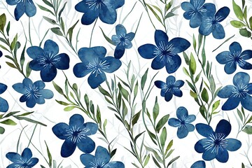 Wall Mural - floral horizontal seamless border with delicate blue flowers, abstract plants and grasses. watercolo
