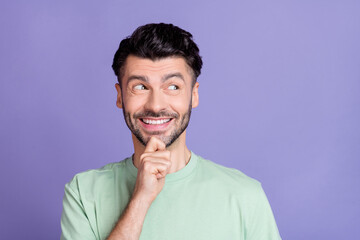 Sticker - Close up photo of positive man dressed trendy clothes interested look empty space news cool offer isolated on purple color background