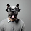 Man with dog head wearing gray sweatshirt  and black glasses