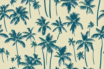 Wall Mural - retro seamless tropical island pattern on light beige ocean background. landscape with palm trees,be