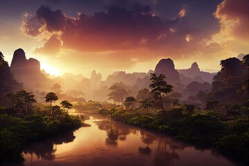 Wall Mural - amazonas rainforest, tropical river, jungle landscape with sunset mood, fictional landscape created with generative ai