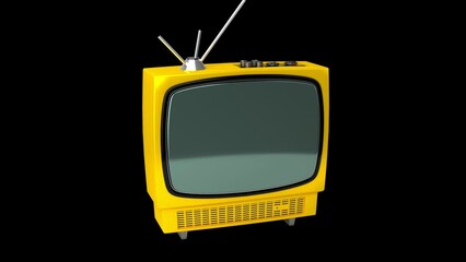 Wall Mural - Vintage yellow TV receiver with green screen isolated on black background - 3D 4k animation (3840x2160 px).