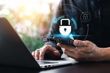 Wall Mural - cybersecurity concept, padlock icon and internet technology network, secure encryption of user's per