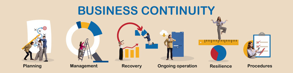 Business continuity. Set of icons with young professionals, developers planning to create and develop new projects. Concept of startup, , target, ideas. Collage