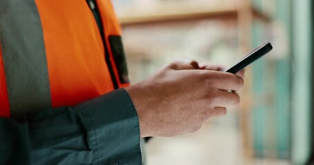 Poster - Hands with smartphone, typing communication and technology for email or text while working, check in and connection. Male engineer, construction and job site, connect and contact us on mobile phone.