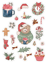Stickers Set With Bear, Winter Hot Drink, Cupcake, Mistletoe, Santa Hat, Christmas Wreath. Vector Illustration.