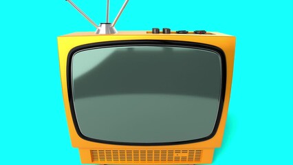 Canvas Print - Vintage yellow TV receiver with green screen isolated on blue background - 3D 4k animation (3840x2160 px).