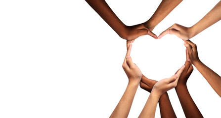 Unity and diversity are at the heart of a diverse group of people connected together as a supportive symbol that represents a sense of teamwork and togetherness. Symbol and shape created from hands.