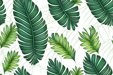 Sticker - Lush tropics foliage background. Tropical seamless pattern line sketch palm leaves silhouettes. Jungle art. Hand drawn exotic illustration for summer design, beach swimwear, fabric, wallpaper