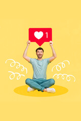 Sticker - 3d retro abstract creative artwork template collage of funny funky guy rising heart like card isolated painting background