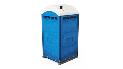 Blue portapotty outdoor construction open door position back view isolated on a white background