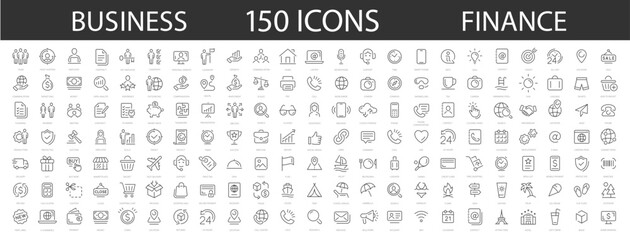 Wall Mural - Set of 150 Business icons. Business and Finance web icons. Money, contact, bank, check, law, auction, exchange, payment, wallet, deposit, piggy, calculator. Vector  illustration.
