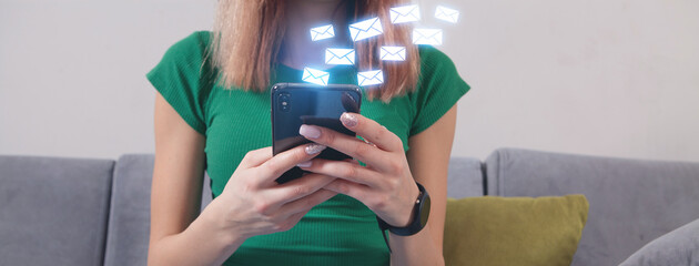 Wall Mural - woman sending email by smartphone.