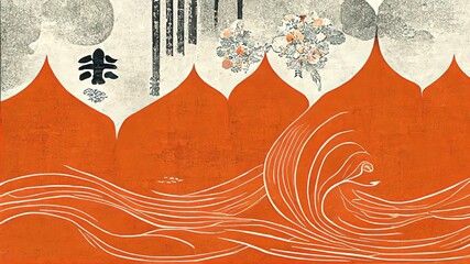 Orange and folding screen patterns, stylish Japanese textures Japanese traditional graphics, fine detailing, fluid liquid-like impressive elegant and delicate luxury dramatic design elements