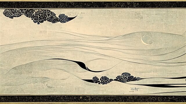 Wall Mural -  - Black curves like fine water surface, stylish Japanese textures Japanese traditional graphics, fine detailing, fluid liquid-like impression, elegant, delicate, luxurious and dramatic design elements