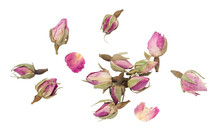 Group Of Small Pink Dried / Dry Rose Buds And Petals As Used In Perfumery, For Cosmetics, Or As An Decorative Element - Isolated, Flat Lay / Top View 