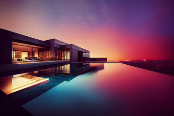 Modern villa and a luxurious infinity pool, photorealistic illustration