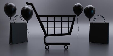 Wall Mural - Black Friday sale and e shop concept. Shopping cart on gray background