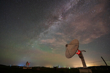 Radio telescopes and the Milky Way at night ,  Milky way panorama