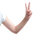 © ND STOCK - Woman stretch out her hand forward and raising forefinger and middle finger for meaning the second; or meaning for encourage person to fight for target; symbol of cheer  in teenage hand signs language