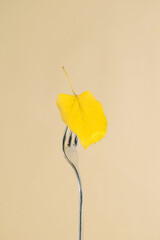 Wall Mural - Autumn yellow leaf on a fork. Healthy fall meal. Holidays events in October. Healthy eating concept design idea. Organic food