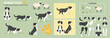 Collie sheep dog ready to animate. Vector illustration, multiple poses and accessories. Character animation puppy, cute dog, sheep herding. Broken down ready to animate. Farming sheep. cartoon. 