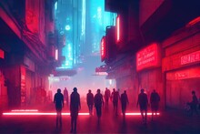 Atmospheric Red Cyberpunk Streets Of The City Of The Future
