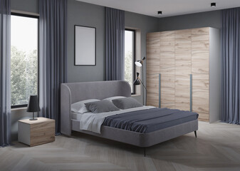 Wall Mural - Interior of a cozy bedroom in modern design. 3D rendering.