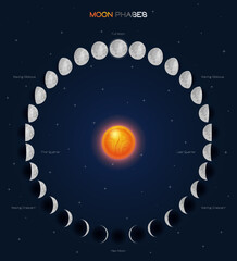 Wall Mural - moon phases scheme sphere shadow cycle astronomy icon set. vector illustration background