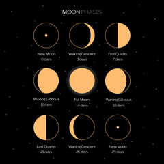 Wall Mural - moon phases scheme sphere shadow cycle astronomy icon set. vector illustration background