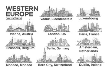 Wall Mural - All capitals of Western Europe. Cities in a linear style with famous views and landmarks. Editable stroke. Skyline city line illustrations.