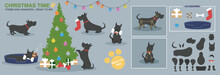 Cute Christmas Scene With Vector Dog Broken Down Ready To Animate. Scottie Dog, Scottish Terrier Rig Ready With Christmas Accessories And Scene. A Collection Of Poses. 