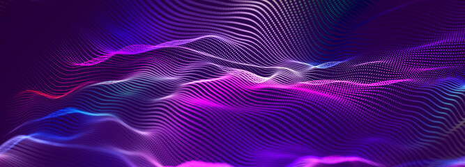 Fototapete - Lights background. Colored music wave. Big data digital code. Futuristic dots Illustration. 3D